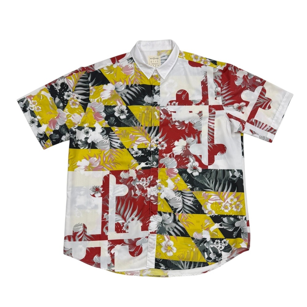 Route One Apparel Maryland Flag Tropical Floral Button Up Shirt Mens 2XL